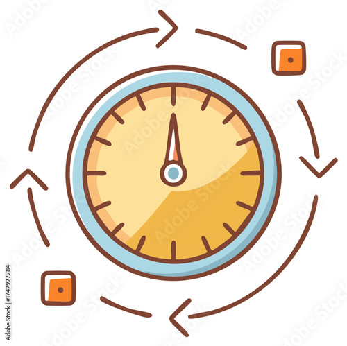Clock with Arrows and Boxes Cartoon Style Icon for Iteration and Process