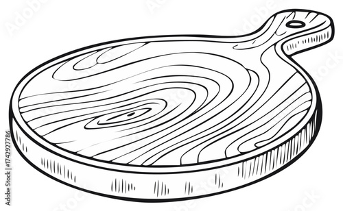 Wooden Cutting Board Illustration Round Shape with Handle and Grained Detail