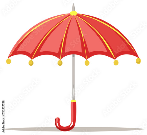 Vibrant Red Umbrella with Decorative Yellow Accents, Weather Protection, and Stylish Rain Gear Illustration