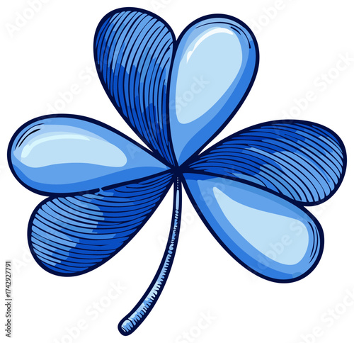 Digital artwork of blue three-leaf clover or shamrock for good luck charm, isolated, St. Patrick's symbol