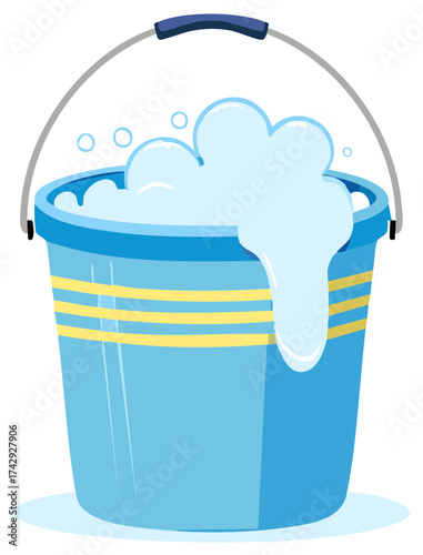Cartoon illustration of a blue bucket filled with foamy cleaning bubbles