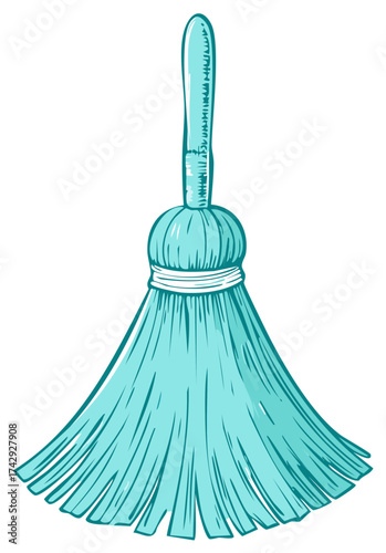 Vibrant turquoise blue whisk broom cartoon illustration for home cleaning chores