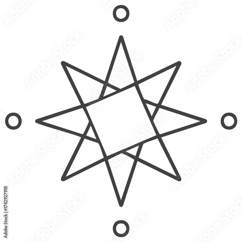 Minimalist eight pointed star symbol with circles. Sacred geometry octagram line art illustration.