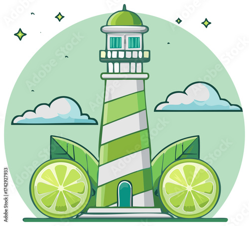 Cartoon illustration of a lighthouse with limes and clouds.