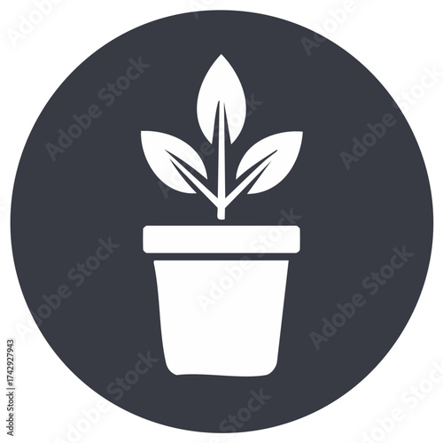 Simple icon of a potted plant with three leaves growing from a pot against a dark background.