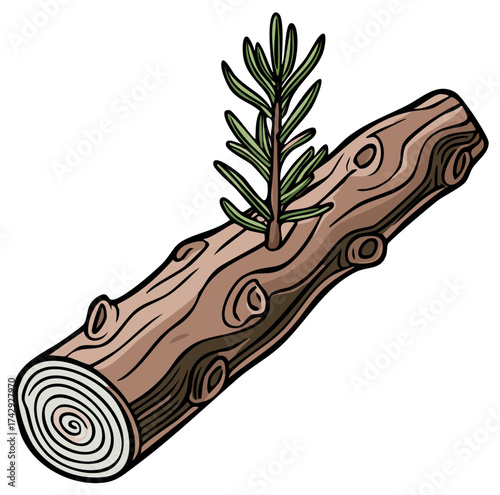 Fresh green plant growing from a sturdy wooden log symbolizing new life and nature's enduring resilience