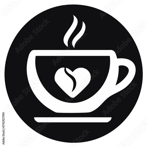 Stylized white coffee cup with a steaming heart shaped coffee bean inside on a black circular background
