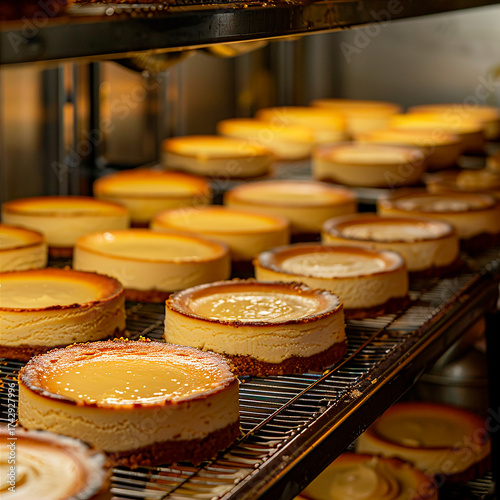 Filas de cheesecakes caramelizados en estantes