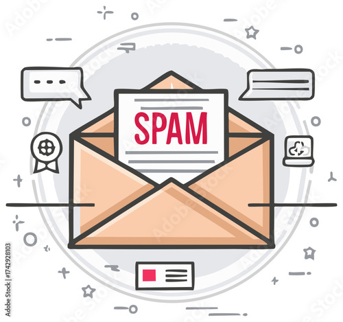 Spam message concept illustration with envelope and speech bubbles