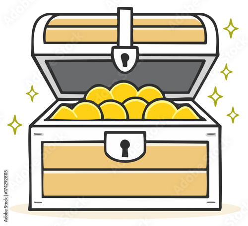 Open treasure chest overflowing with shiny gold coins and sparkling light effects