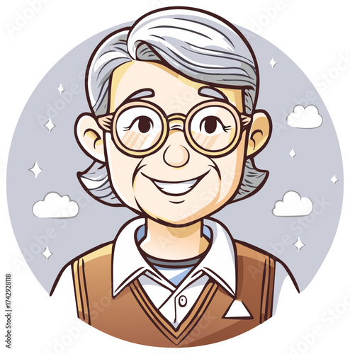 Cartoon portrait of a smiling senior person with glasses and grey hair wearing a sweater vest on a simple background