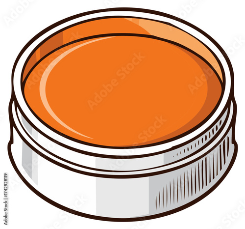 Vector illustration of a small open metal tin with orange cosmetic balm or wax