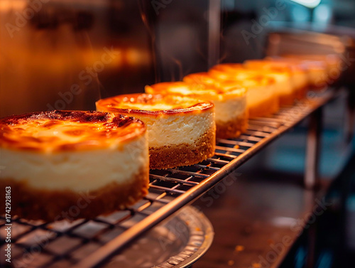 Primer plano de mini cheesecakes con bordes texturizados y brillo sutil