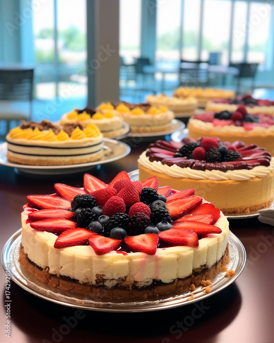 Cheesecake grande de frutos rojos en un pedestal, rodeado de otras tartas en un buffet.