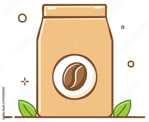 Cartoon Coffee Bean Bag Vector Illustration Icon, Leaf Accents and Brown Color Scheme
