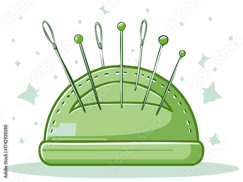 Green pincushion with needles, craft concept illustration