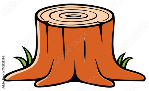 Illustration of a Tree Stump Surrounded by Grass Showing Annual Rings and Wood Grain Detail