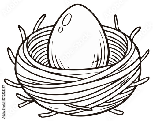 Stylized single egg resting gently within a natural woven bird's nest, detailed line art illustration