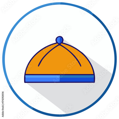 Traditional Asian hat icon with orange and blue colors in a contemporary flat design style