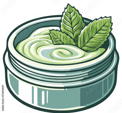 Green Mint Cream in Cosmetic Jar Skincare Product Natural Health Illustration