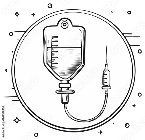 Medical IV drip bag and syringe hand drawn sketch illustration for therapy or treatment