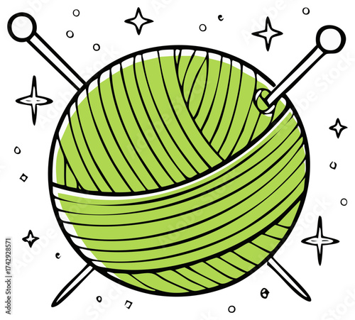Green yarn ball with needles and stars, crafting icon with wool threads for textile art