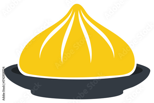 Stylized food illustration of a dumpling dish with bold colors and simplistic shape