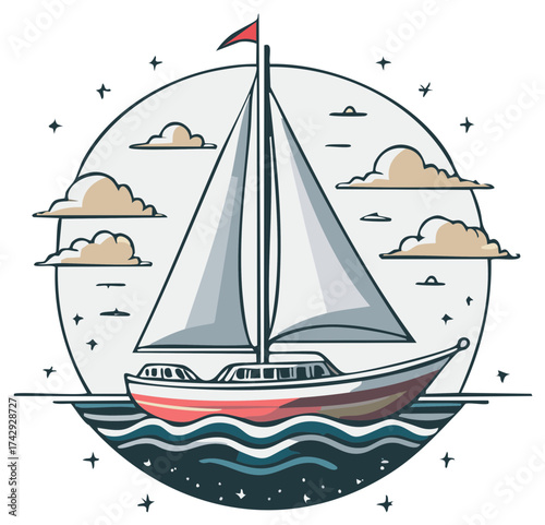 Sailboat on the ocean waves with clouds in the sky, featuring nautical vessels and serene, decorative maritime elements