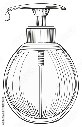 Ink drawing of a liquid soap dispenser with a drop of liquid falling from the nozzle.