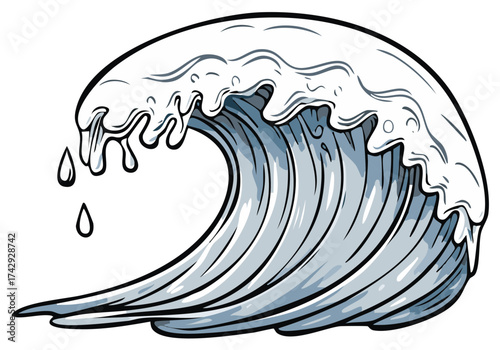 Illustrative Ocean Wave with Water Droplets Powerful Marine Element Detailed Design