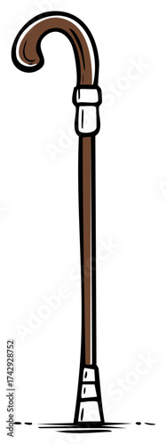 Brown Walking Stick Illustration, Cartoon Graphic of Decorative Cane for Support, Fashion Accessory, Mobility Aid for Elderly