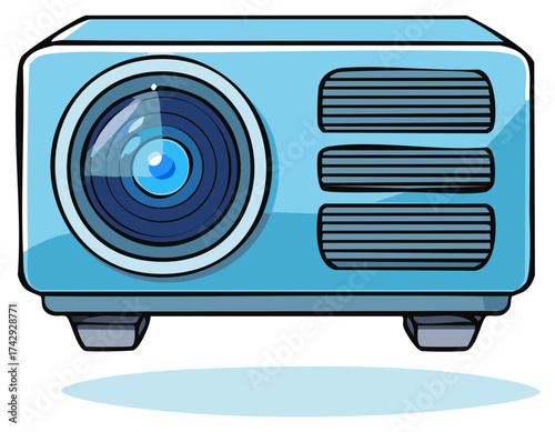 Modern blue projector with a large lens and ventilation slots in a cartoon style