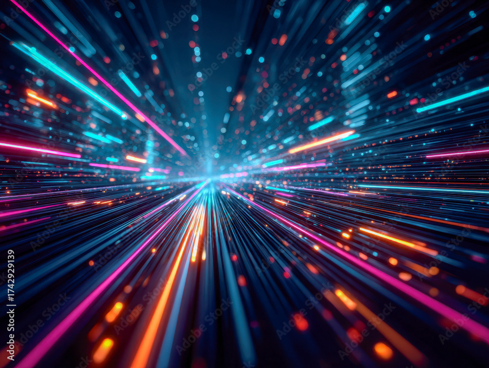 Obraz premium Dynamic futuristic speed motion background with glowing neon light trails in blue, pink, and orange colors creating a high-tech digital tunnel effect