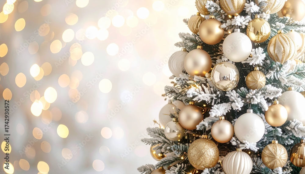 Obraz premium ゴールドとホワイトの上品なクリスマスツリー｜高画質ホリデー背景