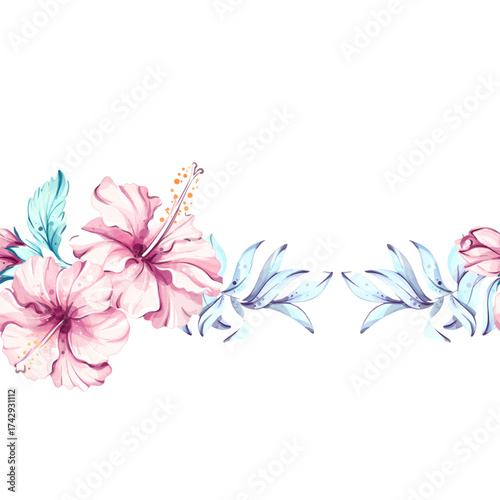 Summer tropical seamless pattern background wallpaper featuring vibrant hibiscus flowers and lush greenery, perfect for vacation vibes and festive occasions