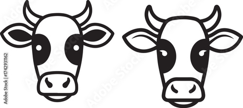 Minimalist cow face icon set – black-and-white silhouettes of stylized cartoon cows with expressive eyes, horns, and patches for farm themes, animal design, and playful branding.