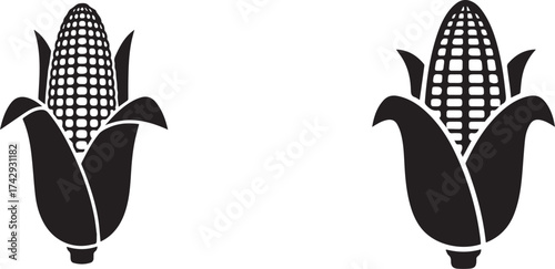 Minimalist black corn icon set – hand-drawn silhouettes of symmetrical ears with exposed kernels and husks for agriculture design, organic branding, and harvest-themed graphics.