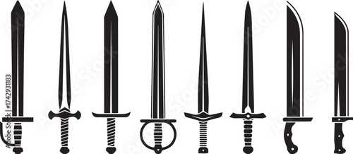 Minimalist black sword icon set – hand-drawn silhouettes of curved, straight, and fantasy-style blades for medieval design, character art, and weapon-themed graphics.