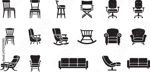 Minimalist black chair icon set – hand-drawn silhouettes of dining chairs, armchairs, office seats, and sofas for furniture design, interior visuals, and home decor graphics.