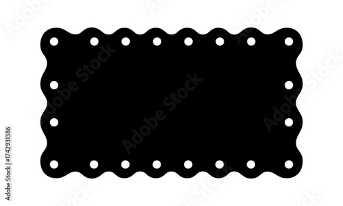 Rectangle shape with scalloped and dotted edges. Rectangular geometric form with curvy borders. Blank textbox, tag or label isolated on white background. Vector graphic illustration.
