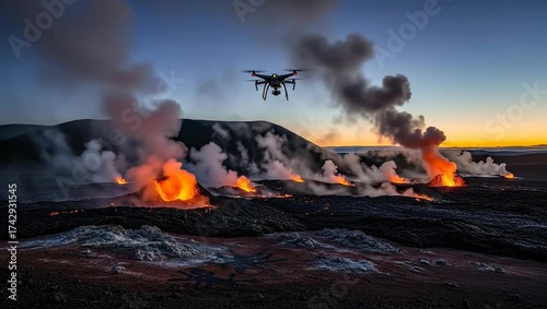 Drone flying over an active volcanic eruption with lava and smoke at dusk.
