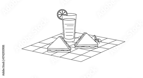 Vector a drawing of sandwiches and a glass of juice with an orange slice on a checkered cloth
