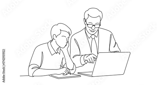 Vector line drawing of student and mentor looking at laptop with notebook and pen present too