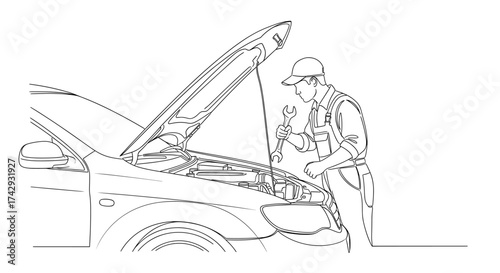Vector mechanic repairing vehicle with open hood using wrench in a line drawing illustration
