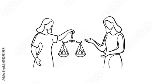Vector two figures facing each other with scales of justice holding family icons in a line drawing style