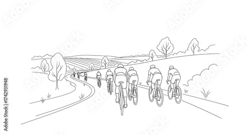 Vector cyclists riding bicycles on a winding road through a rural landscape with trees and fields in distance