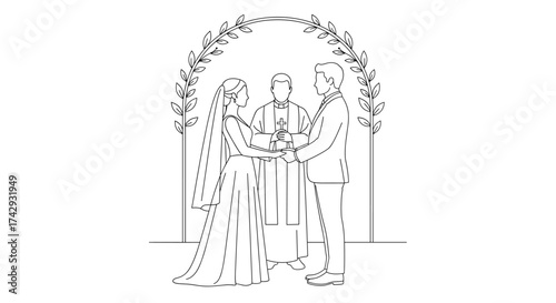 Vector bride and groom exchanging vows during a wedding ceremony with a priest under a floral archway