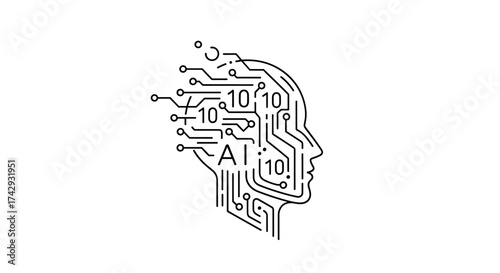 Vector circuit head with ai and binary code representing artificial intelligence concept design element