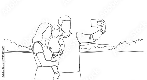 Vector continuous line drawing of a family taking a selfie outdoors with trees in the distance view
