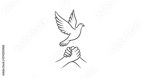 Vector a dove flying above two hands clasped together in a line drawing on a plain white canvas look